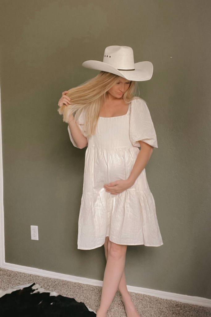 Cream Striped Square Neck Puff Sleeve Maternity Dress
