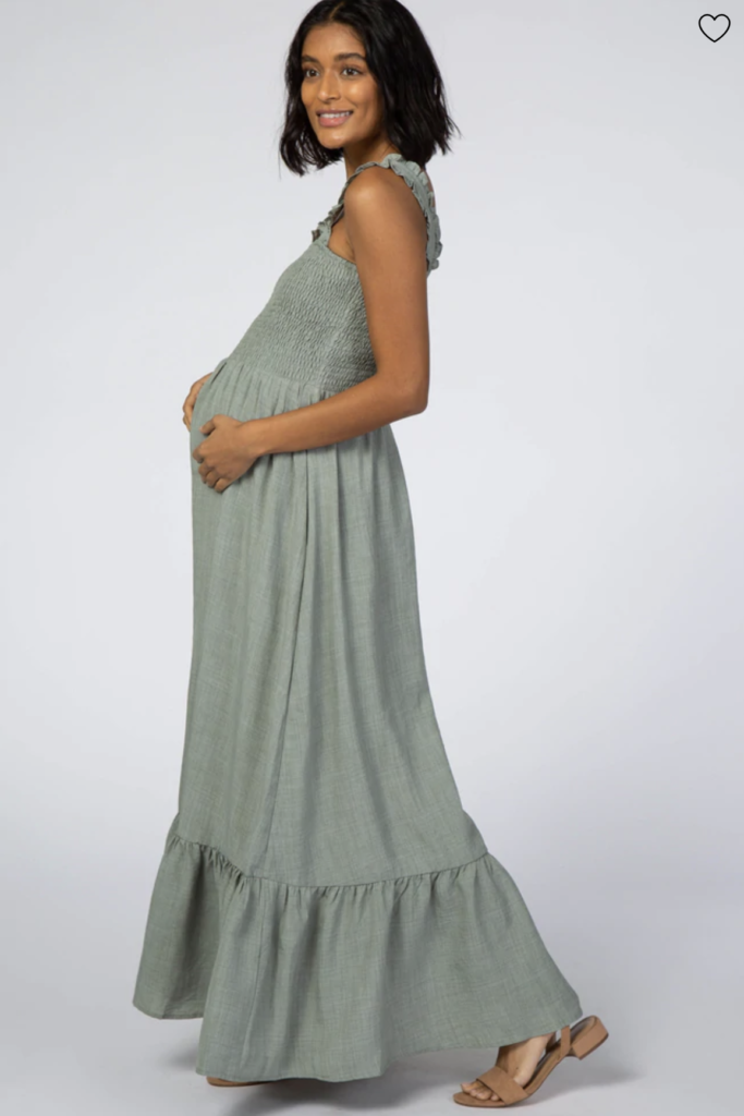 Green Ruffle Smocked Front Maternity Maxi Dress