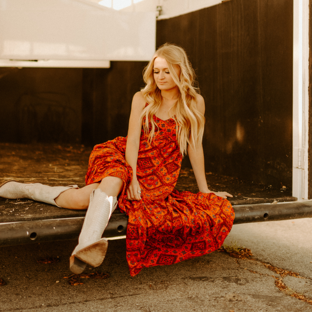 western outfit, red dress, white cowboy boots